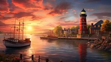  A Painting Of A Lighthouse And A Boat On A Body Of Water With A Red And White Building In The Background.  Generative Ai