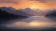  a painting of a sunset over a mountain range with a lake in the foreground and mountains in the background. generative ai
