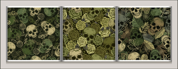 Sticker - Set of green khaki camouflage patterns with human skulls, roses, mushrooms, leaves. Grunge style of illustrations. Good for apparel, clothing, fabric, textile, sport goods.