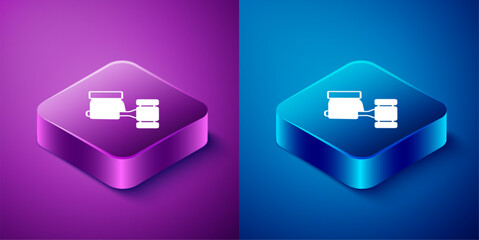 Poster - Isometric Auction hammer icon isolated on blue and purple background. Gavel - hammer of judge or auctioneer. Bidding process, deal done. Auction bidding. Square button. Vector