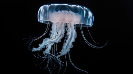  a close up of a jellyfish on a black background with a blurry image of it's head.  generative ai