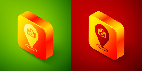 Poster - Isometric Photo camera icon isolated on green and red background. Foto camera. Digital photography. Square button. Vector