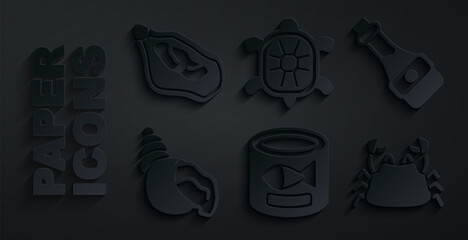 Canvas Print - Set Canned fish, Soy sauce bottle, Scallop sea shell, Crab, Turtle and Mussel icon. Vector