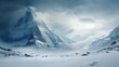 a mountain range covered in snow with a dark sky in the background and clouds in the sky over the top of the mountain. generative ai