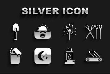 Sticker - Set Moon and stars, Match stick, Swiss army knife, Camping lantern, Lighter, Torch flame, Shovel and Sunrise icon. Vector