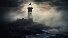  A Lighthouse Sitting On Top Of A Rocky Cliff In The Middle Of A Body Of Water Under A Cloudy Sky.  Generative Ai