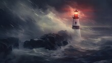  A Red And White Lighthouse Sitting On Top Of A Rock In The Middle Of The Ocean Under A Cloudy Sky.  Generative Ai