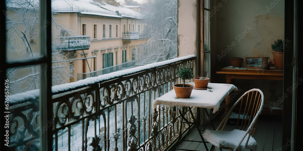 Cozy city terrace with small table and chsir and forged railings in ...