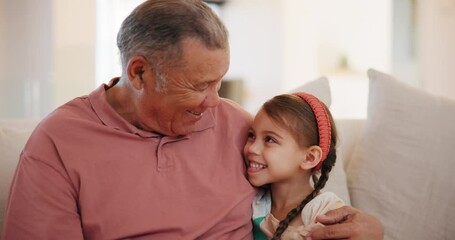 Wall Mural - Home, hug and grandfather with girl, happiness and support with joy, apartment and bonding together. Face, old man and elderly person with grandchild, kid and embrace with love, care and cheerful