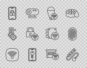 Sticker - Set line Wi-Fi wireless internet network, Electric extension cord, Smart light bulb, key, Digital door lock, garage and Fingerprint icon. Vector