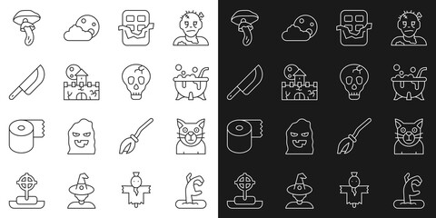 Sticker - Set line Zombie hand, Cat, Halloween witch cauldron, Chocolate bar, Castle, fortress, Knife, Psilocybin mushroom and Skull icon. Vector