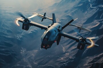 Wall Mural - a large propeller plane soaring through the sky above a majestic mountain range. perfect for travel,