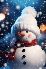 Sticker - A close-up photograph of a snowman wearing a hat and scarf. This picture can be used to capture the winter season and the joy of building snowmen.