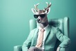 A deer wearing sunglasses is sitting in a chair. This unique and quirky image can be used for various purposes, adding a touch of humor and style to any project