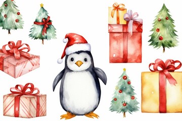 Sticker - A beautiful set of watercolor Christmas trees, presents, and a cute penguin. Perfect for adding a festive touch to your holiday designs and decorations