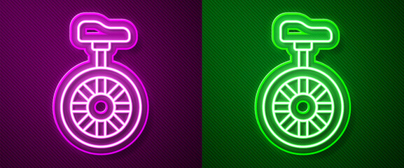 Sticker - Glowing neon line Unicycle or one wheel bicycle icon isolated on purple and green background. Monowheel bicycle. Vector