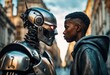 Black skinned young man versus full metal angry cyborg robot looking at each other, face to face, side view. The face of male guy and robot opposite each other look into the eyes. Modern technologies