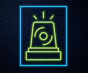 Sticker - Glowing neon line Flasher siren icon isolated on brick wall background. Emergency flashing siren. Vector