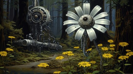 Canvas Print -  a painting of a flower in the middle of a forest with a machine in the foreground and yellow flowers in the foreground.  generative ai