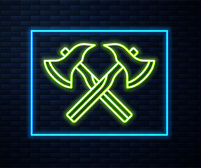 Wall Mural - Glowing neon line Firefighter axe icon isolated on brick wall background. Fire axe. Vector