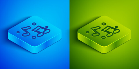 Wall Mural - Isometric line Music note, tone icon isolated on blue and green background. Square button. Vector