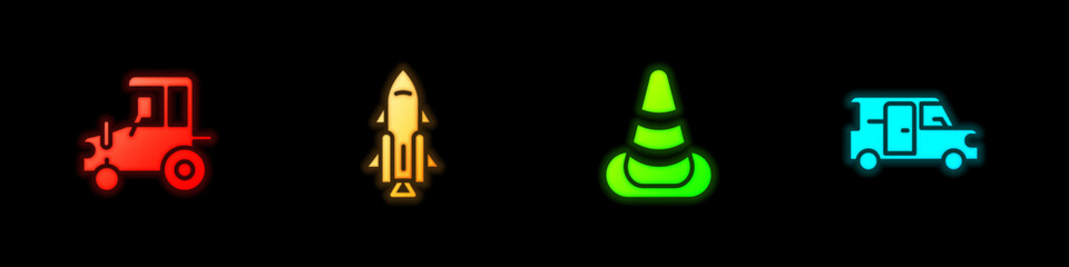 Sticker - Set Tractor, Rocket ship with fire, Traffic cone and Minibus icon. Vector