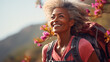 Black african american dark-skinned happy senior woman hiking outdoors. Fitness walking and forest travel journey