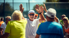 Pickleball or paddle sports senior players high-fiving after a successful point in the summer daytime