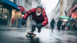 Senor in a red jacket with a beard rides a skateboard along the city streets in winter or autumn