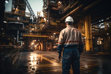 Poster - An offshore workers is working on oil rig.