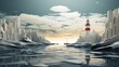  a painting of a red and white lighthouse in the middle of a body of water with icebergs in the background.  generative ai