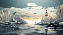  A Painting Of A Red And White Lighthouse In The Middle Of A Body Of Water With Icebergs In The Background.  Generative Ai