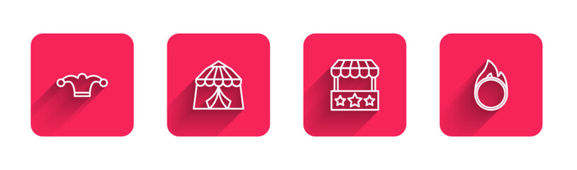 Poster - Set line Jester hat with bells, Circus tent, Ticket box office and fire hoop with long shadow. Red square button. Vector