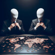 concept of worldwide geopolitics. mysterious people building new world order constructing world map from puzzles