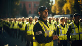 Fototapeta  - Many security guards with neon yellow vest doing his job on a event.