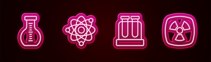 Wall Mural - Set line Test tube, Atom, and Radioactive. Glowing neon icon. Vector