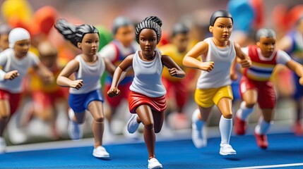 Wall Mural - Miniature figures of athletes in sports uniforms running on the track. Group of plastic toys of marathon runners in motion. Human activity. Design for sport. Illustration for cover, card, decor or ad.