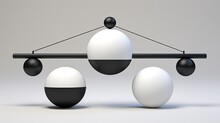Conceptual Image Of Balance And Equilibrium. Geometric Art Installation With Spheres. Modern Minimalist Design In Black And White Colors. Illustration For Cover, Card, Postcard, Interior Design, Etc.