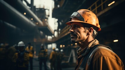 Poster - Worker in safety gear working on oil rig platform offshore.