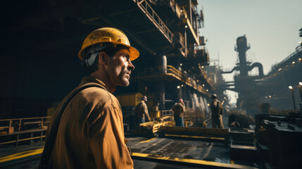 Poster - Worker in safety gear working on oil rig platform offshore.