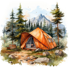 watercolor Camping Summer Mountain clipart, Generative Ai