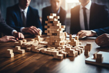 Businesspeople Building Bridge With Wooden Blocks At Table, Closeup, Connection, Relationships And Deal Concept.