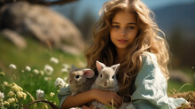 Portrait Of A Beautiful Child Girl With A Rabbit  On The Background Of A Field. Natural Style, Eco. Easter Concept