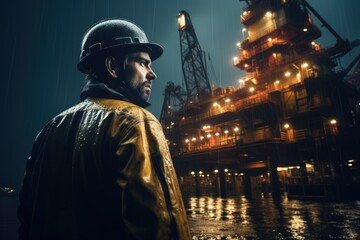 Poster - Worker is working on an offshore oil rig at night.