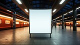 Blank poster in a metro station against the backdrop of a train in motion.