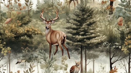 Poster -  a painting of a deer standing in the middle of a forest with other animals in the foreground and trees in the background.  generative ai