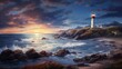  a painting of a lighthouse in the middle of a body of water with waves crashing on the shore and a sunset in the background.  generative ai