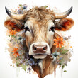 watercolor Cow with Flowers clipart, Generative Ai