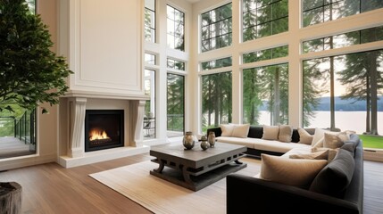 Beautiful living room interior with hardwood floors and fireplace in new luxury home Large bank of windows hints at exterior view 