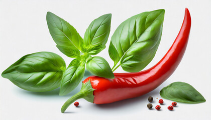 Wall Mural - fresh herb basil leaves and red chilli pepper isolated on white background transparent background and natural transparent shadow ingredient spice for cooking collection for design